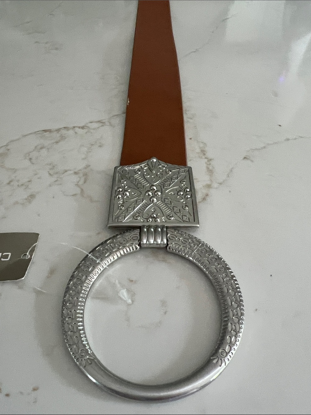 Chico’s Antoinette Slouch Belt S/M Cognac Brown Silver Statement Buckle